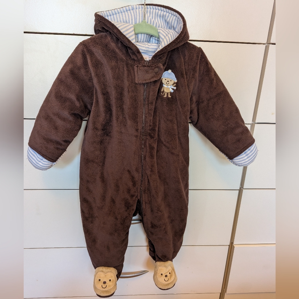 Carter's Brown Bear Fleece Baby Warm Winter Snowsuit One Piece 9 Months